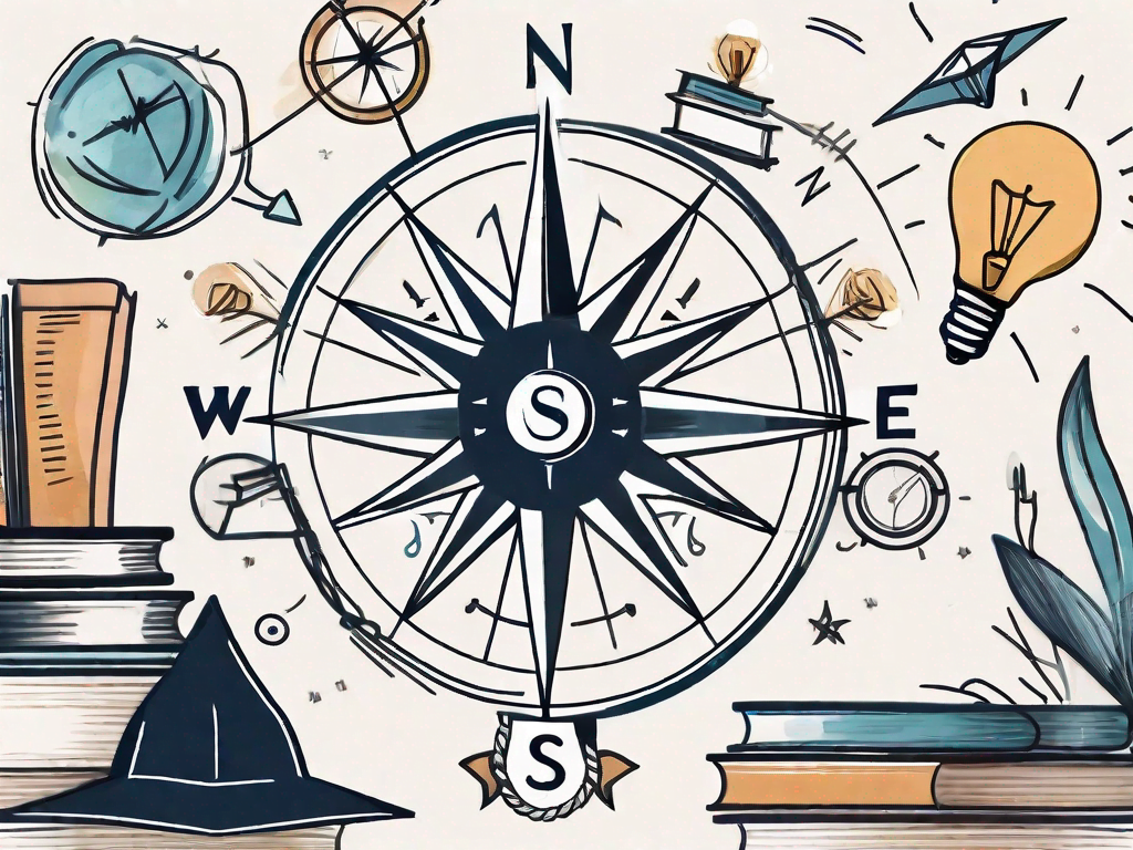 A compass surrounded by educational symbols like books