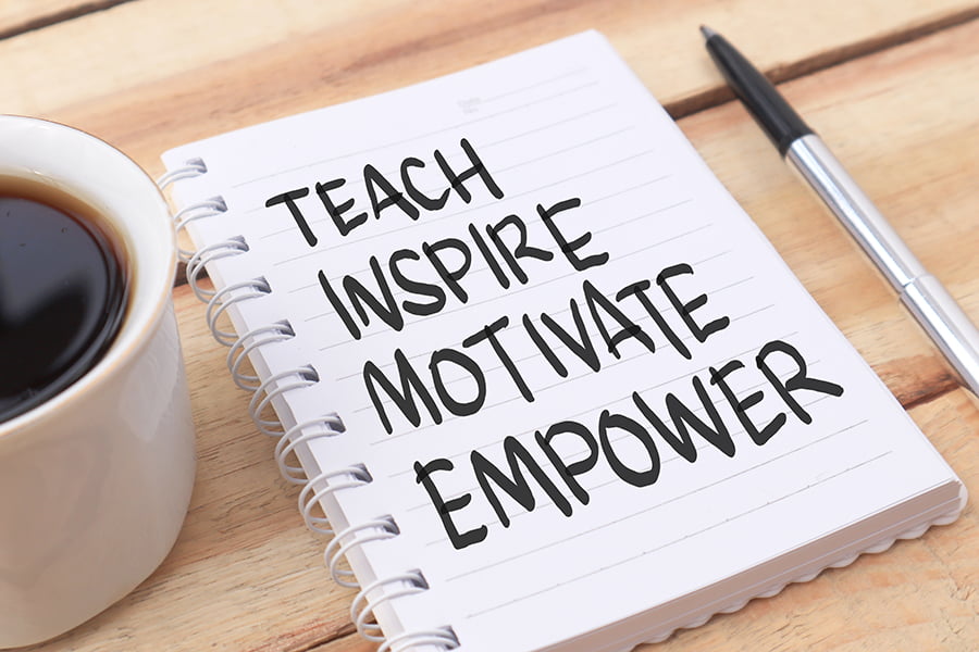 Teach inspire motivate empower, text words typography written on paper against wooden background, life and business motivational inspirational concept walkthroughs