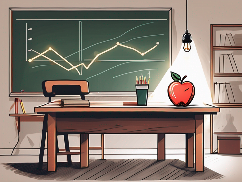 A classroom scene with a large apple on a desk