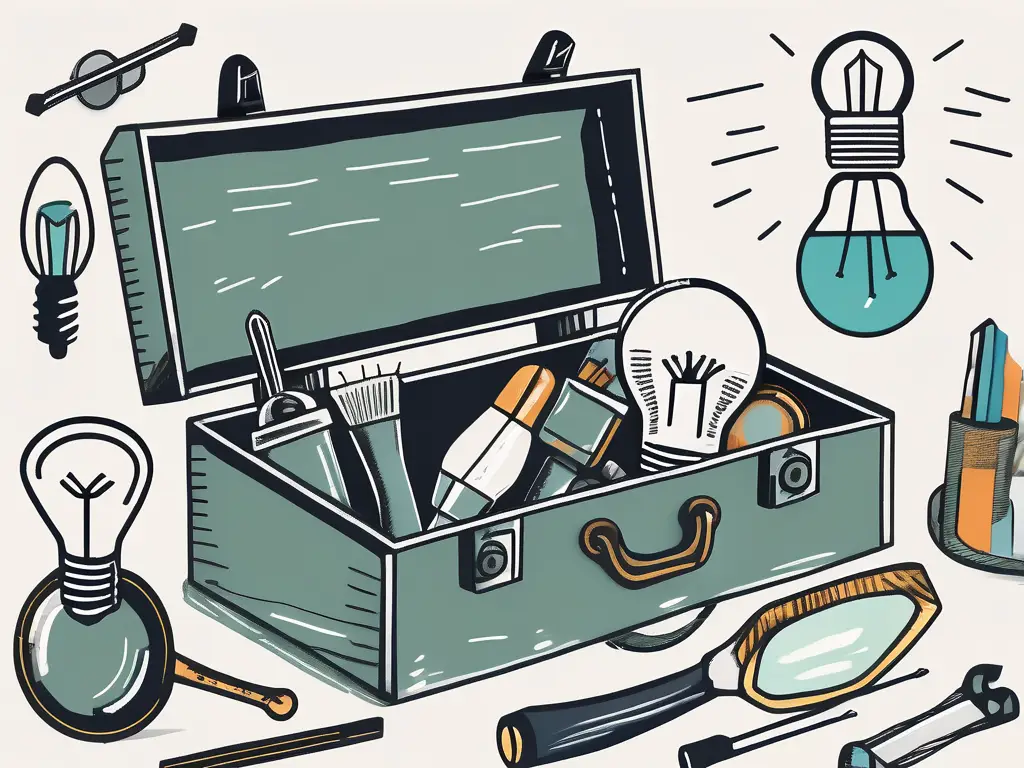 A toolbox with various tools like a magnifying glass