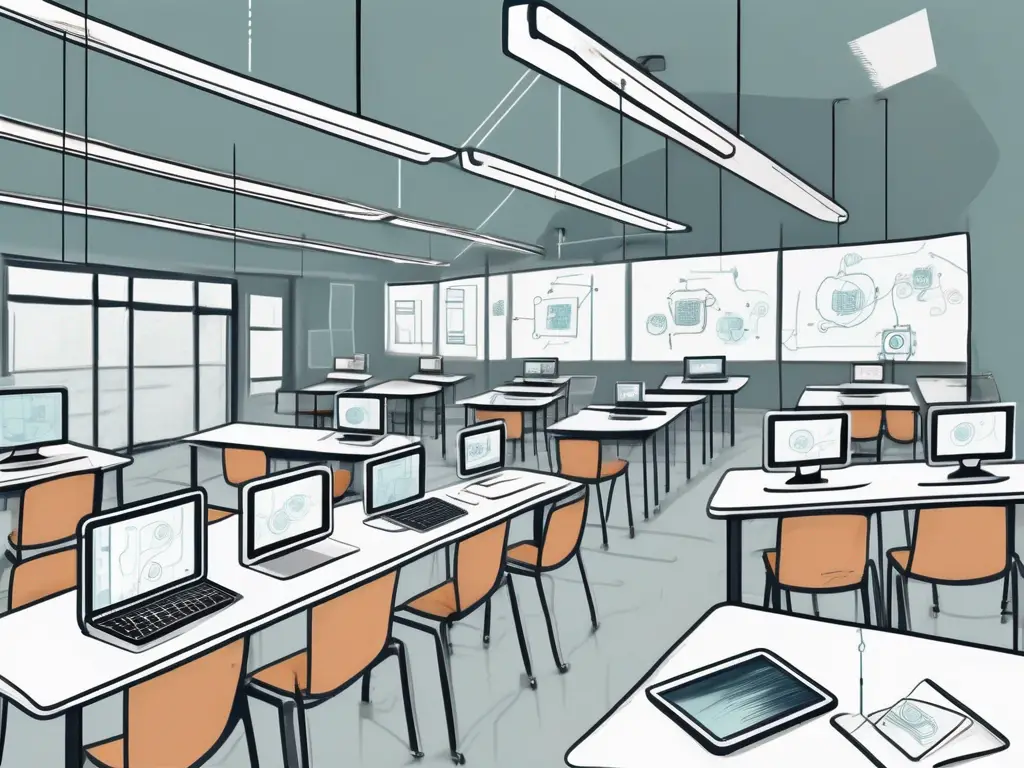 A modern classroom with various digital devices like tablets and computers