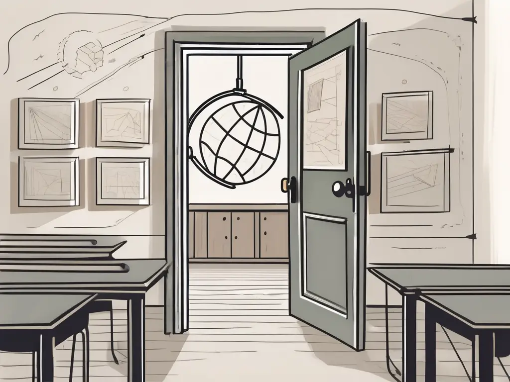 An open classroom door with a glimpse of various educational tools like a chalkboard