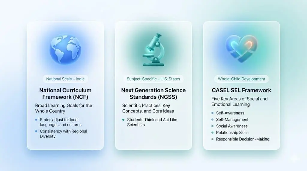 Real-world examples of curriculum frameworks in action across different schools and systems.